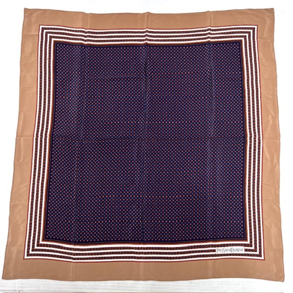 Beautiful Yves Saint Laurent  Silk Satin Scarf 31" Brown purple square Dots  (26 - Picture 7 of 12